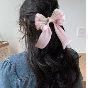 Pink Ribbon Bow Hair Clip with Green Accent